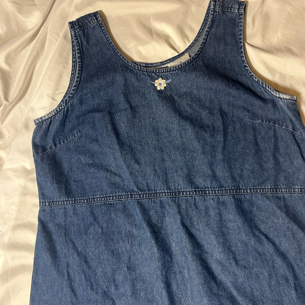 Vintage Erika Collection Blue Denim Cotton Jumper Dress Floral Accent Medium - Picture 5 of 14